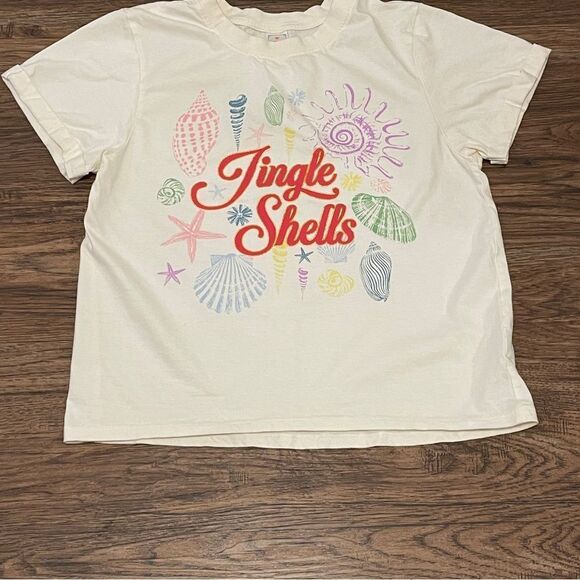Messy Buns Lazy Days Jingle Shells Short Sleeve Tshirt Cream Orange Blue Medium - Picture 4 of 9